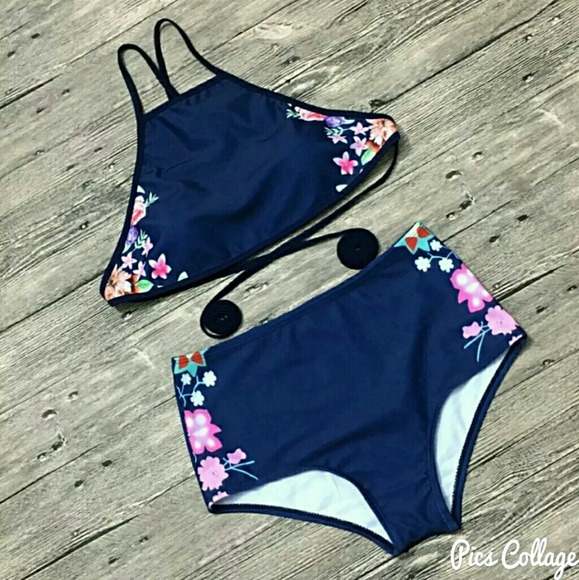 Blue High Waist 2pc Swimsuit - Picture 3 of 7